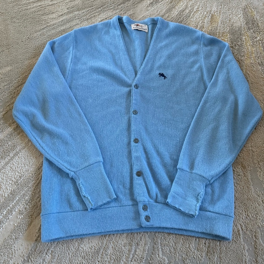 Vintage Cardigan sweater Steeplechase Blue button front horse embroidery XL